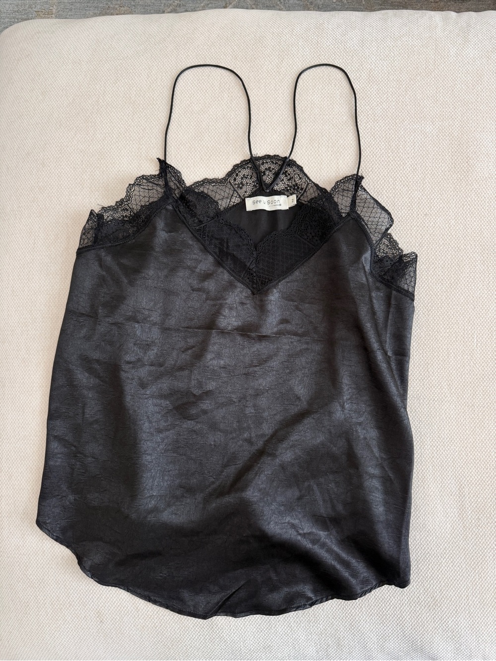 Black Lace Trim Satin Camisole Tank Top